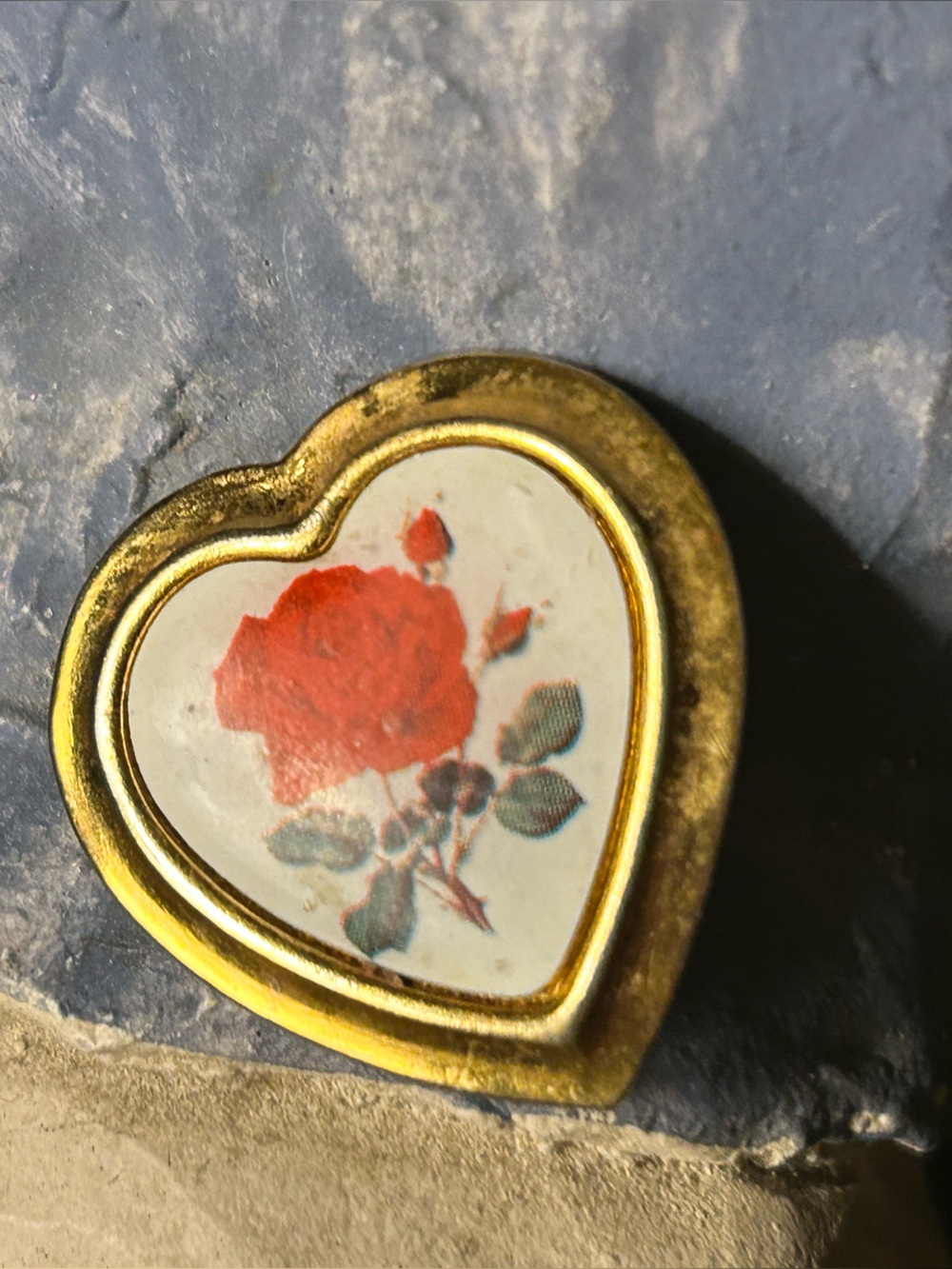 Vintage Heart-Shaped Floral Pin with Gold Tone Frame and painted red rose